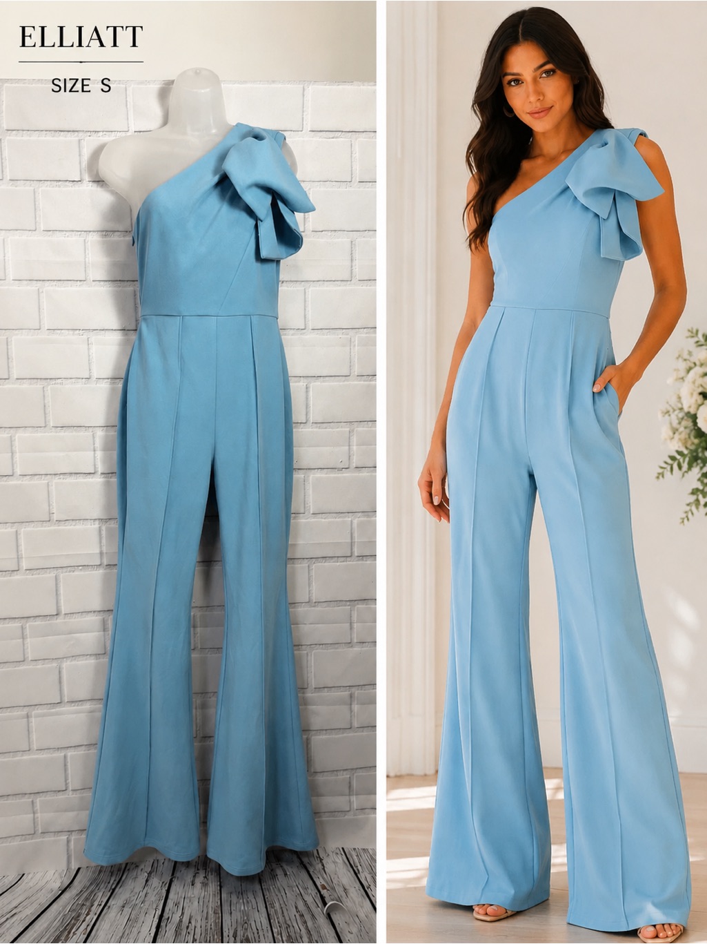 Elliatt Bow Shoulder Wide Leg Jumpsuit Wedding Guest Light Blue/ S